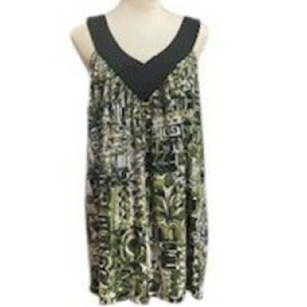 Ling Green Abstract Print Sleeveless Casual Dress V-Neck Comfort 2X